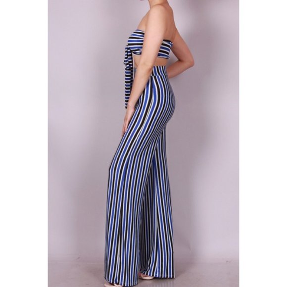 Blue Striped Strapless Bandeau Top and High Waist Wide Leg Pants Two Piece Set - Picture 6 of 8
